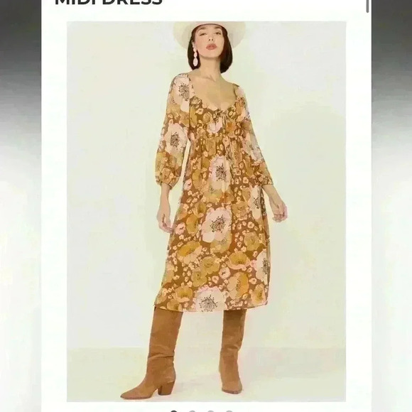 LUSH WOMEN'S CARAMEL MULTI LARGE FLORAL PRINT MIDI DRESS size medium - Picture 1 of 7